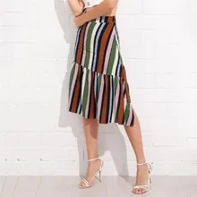 Новая мода Летний стиль женские юбки в стиле casual Женская Полосатая печать нерегулярные юбка складки рюшами Длинная Юбка Saia Y04