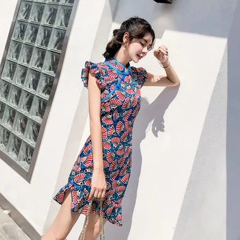 

2020 chinese dress cheongsam qipao cheongsam modern print evening dress oriental chiffon lace up party qipao dress cheongsam