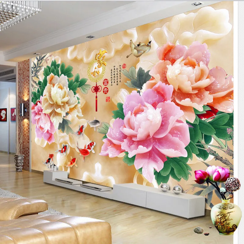 

Customized wallpaper mural Chinese style 3D natural scenery with peony flower jade carving behind sofa as background livingroom