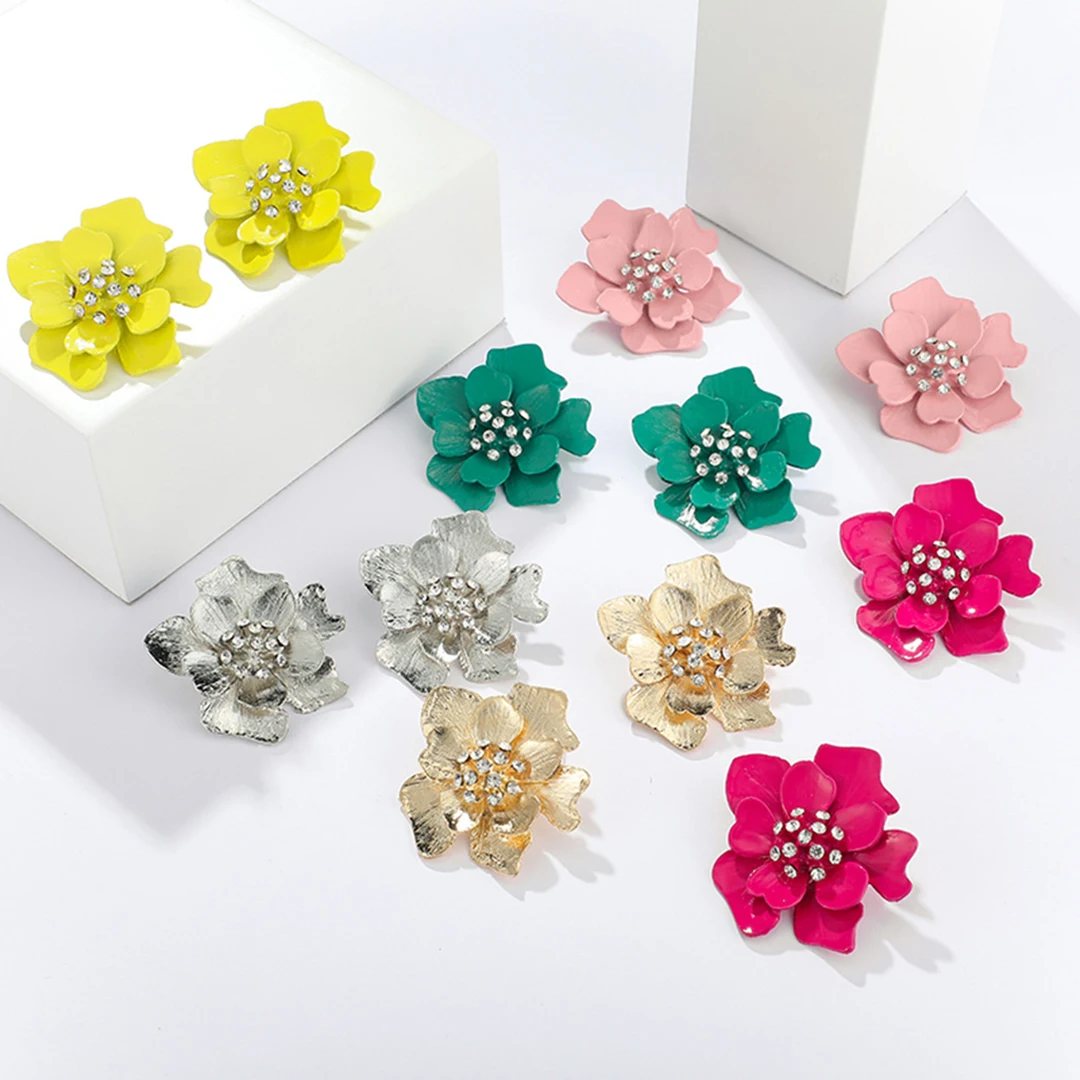 

Women Elegant Wedding Earring Stud Zircon Crystal Enamel Temperament Earring Trendy Flower Big Earring orecchini Korean Jewelry