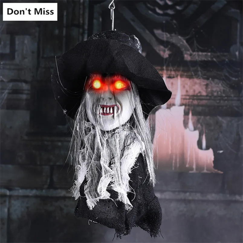 

Halloween Horror Props Frighten Hanging Skull Head Witch Glowing Eyes Electric Toys Haunted House Scare Decoration Small Cute