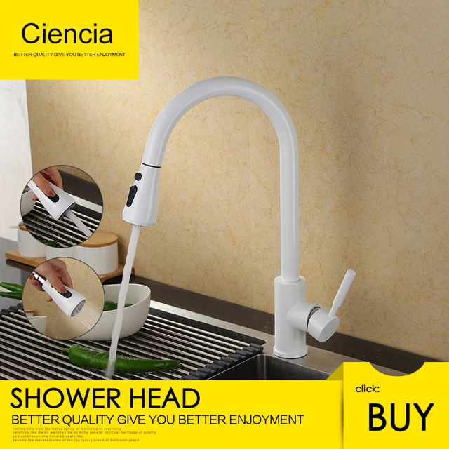 Best Quality Free Shipping Ciencia Brass White Pull Out Kitchen Faucet 360 Degree Kitchen Tap Deck Mounted Kitchen Mixer Kitchen Sink Faucet 