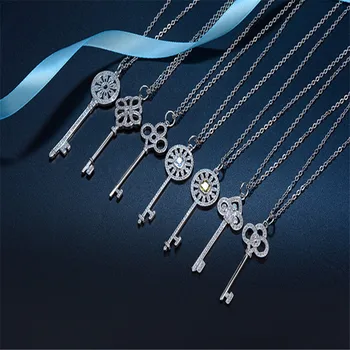 

Classic Key Necklace 925 Silver Crystal Key Wishing Long Necklace & Pendant Woman Girl's Statement Necklace Holiday Gift