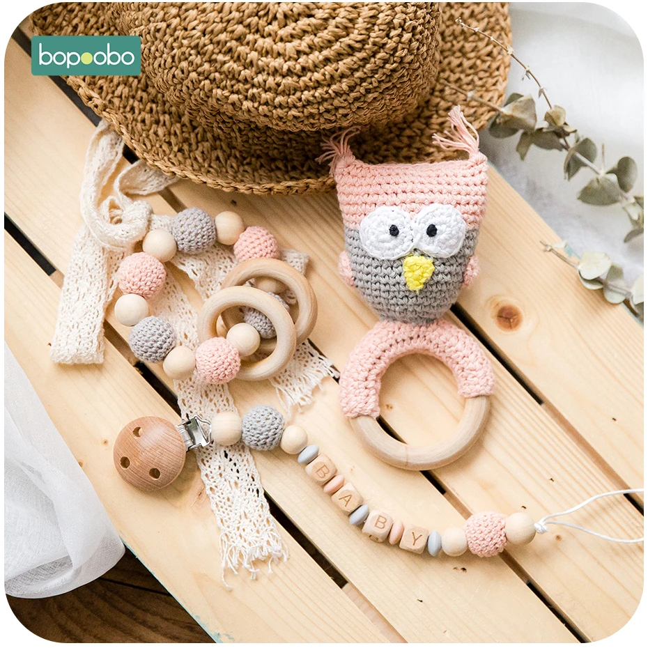 Bopoobo Baby Teether Food Grade Silicone Wooden Baby Pacifier Chain Pram Crib DIY Customized Rattle Soother Bracelet Teether Set