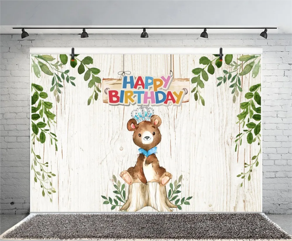 Laeacco Baby Birthday Teddy Bear Baby Cartoon Party Gray Wall Tree Photo Backdrop Photography Backgrounds Photocall Photo Studio