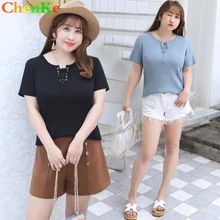ChenKe с коротким рукавом женская футболка летний свободно вокруг шеи с бинтами свитер Женская Плюс Размер Топы Футболка 4XL мягкие