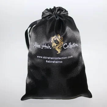 

100Pcs / Lot Custom Logo 18 X 30Cm Black Silk Drawstring Pocket Hair Packaging Satin Bags Tassel Women Wig Storage Bag Gift Bag