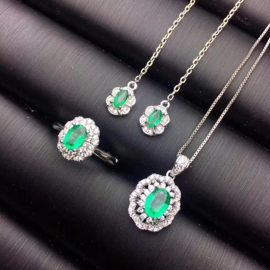 

Стихийных бедствий и настоящий изумруд комплект ювелирных изделий из натурального изумруд 925 пробы серебро 1 шт. Подвеска, 1 шт. кольцо, 2 шт. серьги