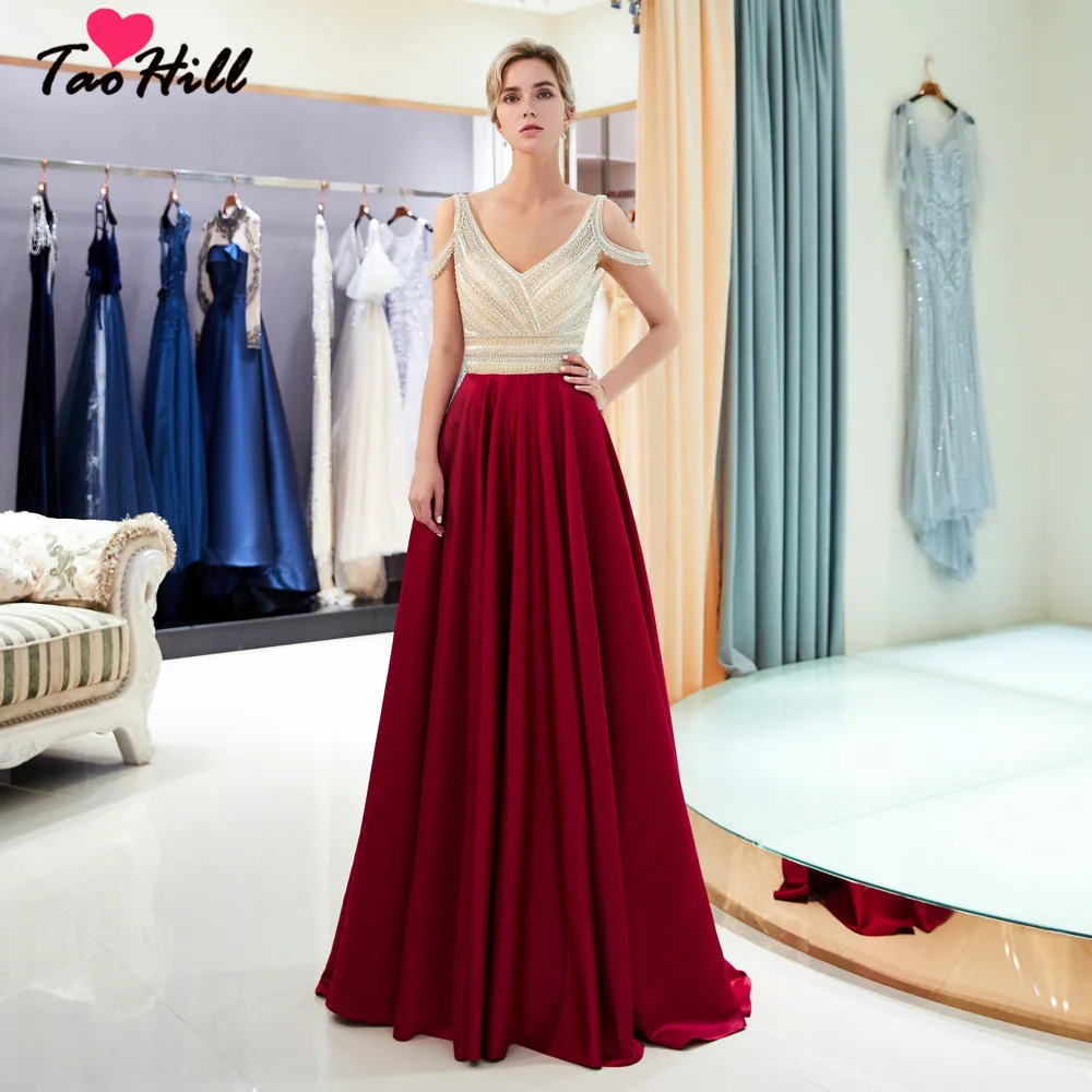 

TaoHill Luxury 2019 A-line V-neck Off the Shoulder Burgundy Formal Dress Women Elegant Sparkle Evening Dress
