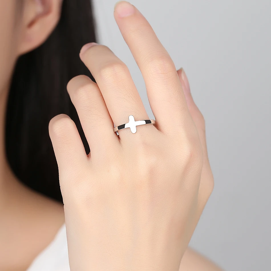 ELESHE Genuine 100% 925 Sterling Silver Faith Christian Cross Rings Wedding Simple Design Open Finger Rings For Women Jewelry
