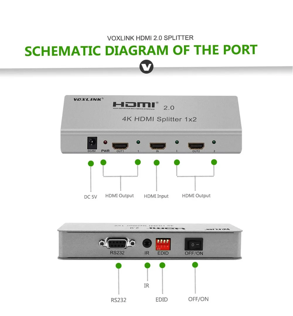 Voxlink 4 К 1x2 HDMI 2.0 Splitter 1080 P 1 в 2 из Switcher С EDID RS232 HDCP Поддержка ИК удлинитель для HDTV|hdmi