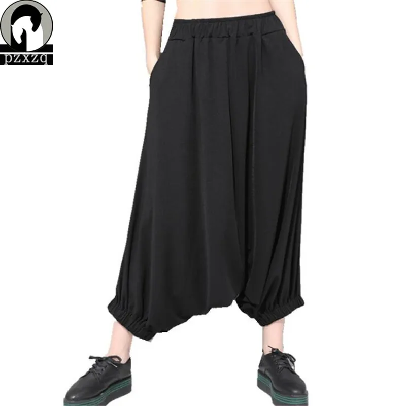 

2019 Spring Summer New Black Style Loose Casual Trousers Stitching Cross-pants Harem Pants Elastic Waist wide leg pants cropped