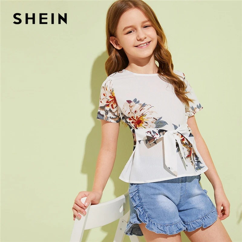 

SHEIN Kiddie White Floral Print Tie Front Boho Blouse Kids Tops 2019 Summer Holiday Short Sleeve Boho Button Back Cute Blouses