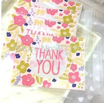 

Free shipping small flower package bag THANK YOU decoration plastic self adhesive bags cookie candy dessert gift packing favors