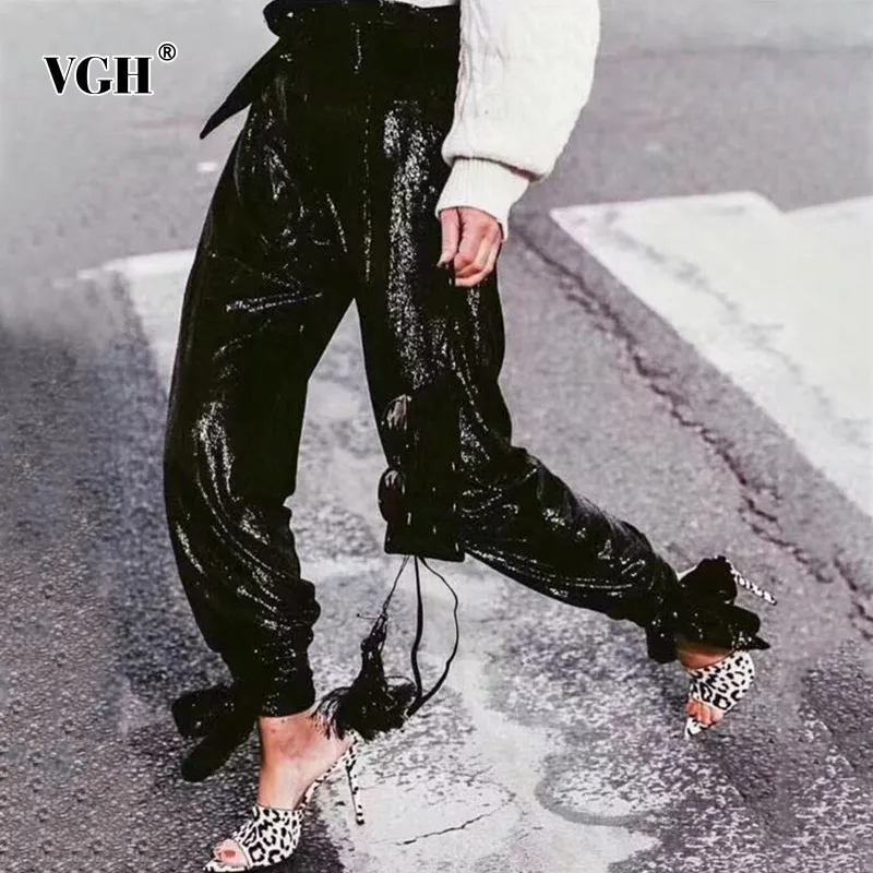 

VGH Summer Solid Streetwear Women's Pants Elastic Waist Ruffles Sequined 2019 Loose Full Length Straight Pant Female Fashion New