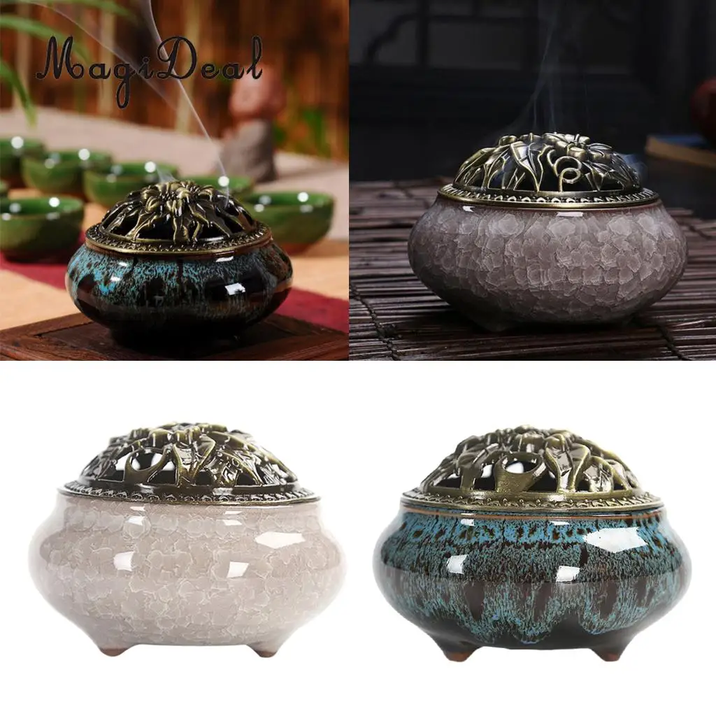 2x Cone Incense Burner with Alloy Cover Chinese Traditional Porcelain Sandalwood Censer Ceramic Incense Ash Catcher Tray Bowl