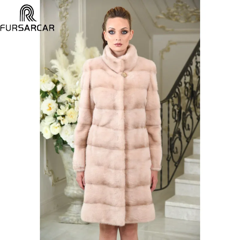 

FURSARCAR New With Stand Collar Fashion Women Luxury Warm Min Fur Coat 2018 Winter 100cm Long Natrual Mink Fur Jacket