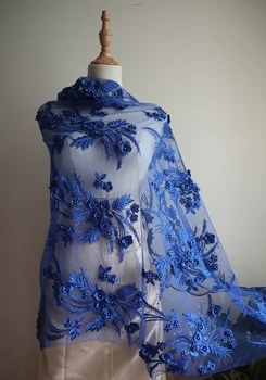 

royal blue 3D beaded embroidered lace fabric, 3D floral lace fabric, embroidery for costumes accessories, embroidery fabric