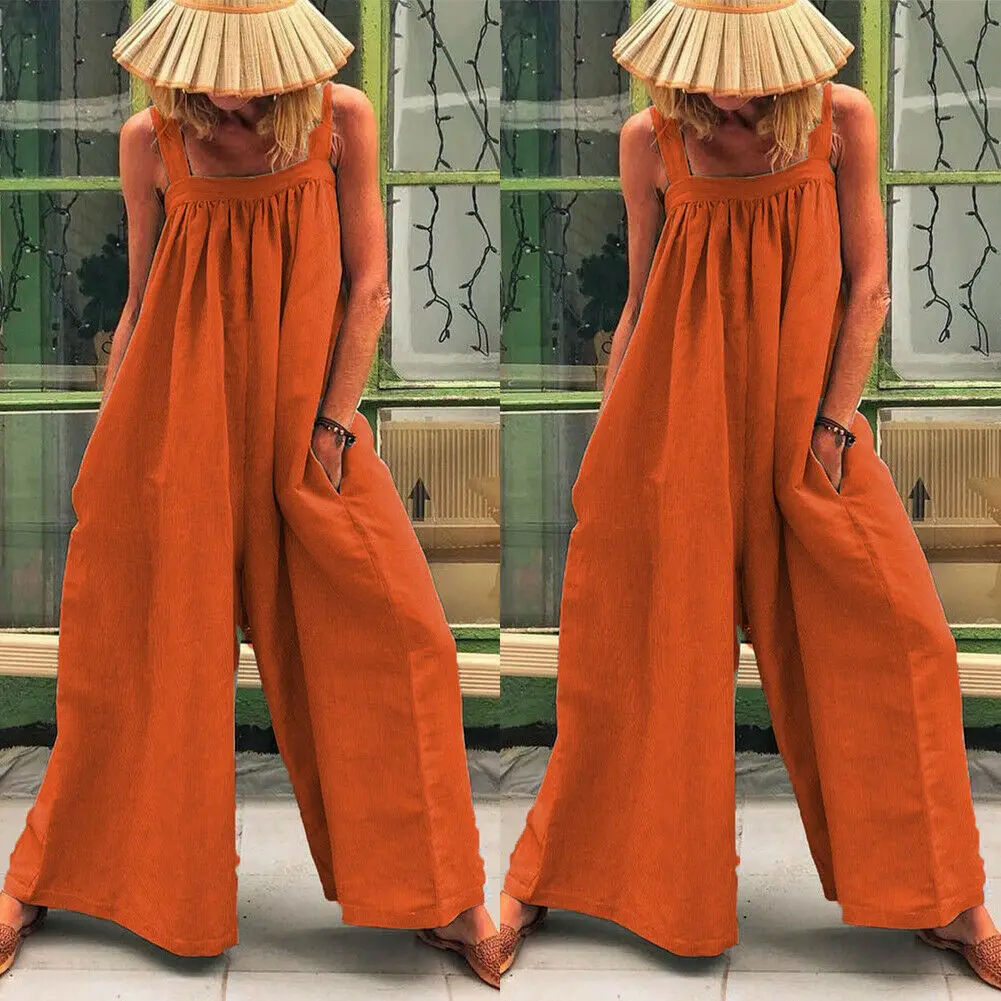 Women Loose Baggy Jumpsuit Dungarees Playsuit Romper Ladies Casual Wide Leg Trousers Summer Holiday Clothing - Color: Orange