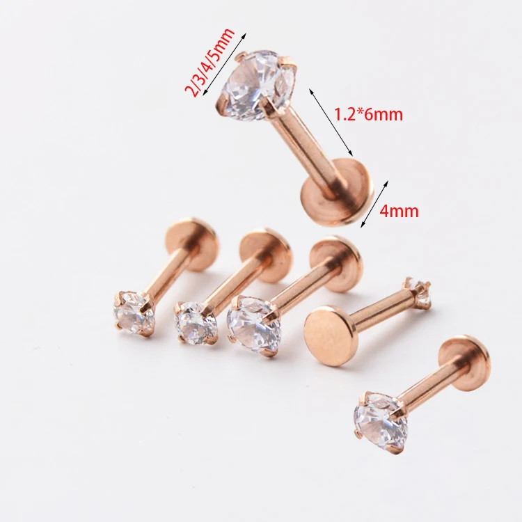 1Pc Titanium Rose Gold Labret Lip Ring Zircon Anodized Internally