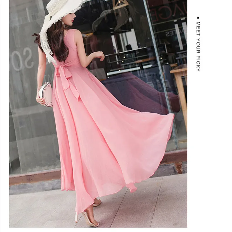 2019 New Summer Beach Dress Women's Fashion Sleeveless V-Beck Red Blue Long Dress Elegant Robes Women's Plus Size 5XL (16)