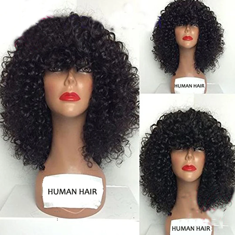 

LUFFYHAIR Peruvian Curly Lace Front Wigs with Full Bangs Glueless Remy 13X6 Lace Front Wigs 180% Density Natural Hairline
