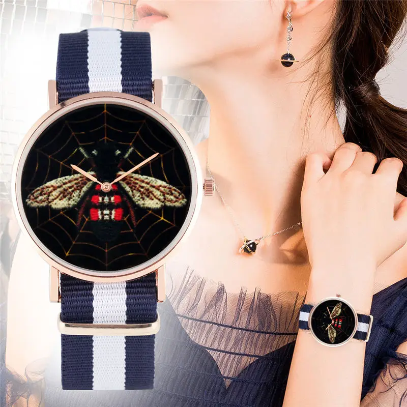 

YISUYA Women Quartz Watch Black Bee Pattern Uqiaue Fashion Lady Watches Stripes Nylon Strap Simple No Digital Dial Reloj Mujer