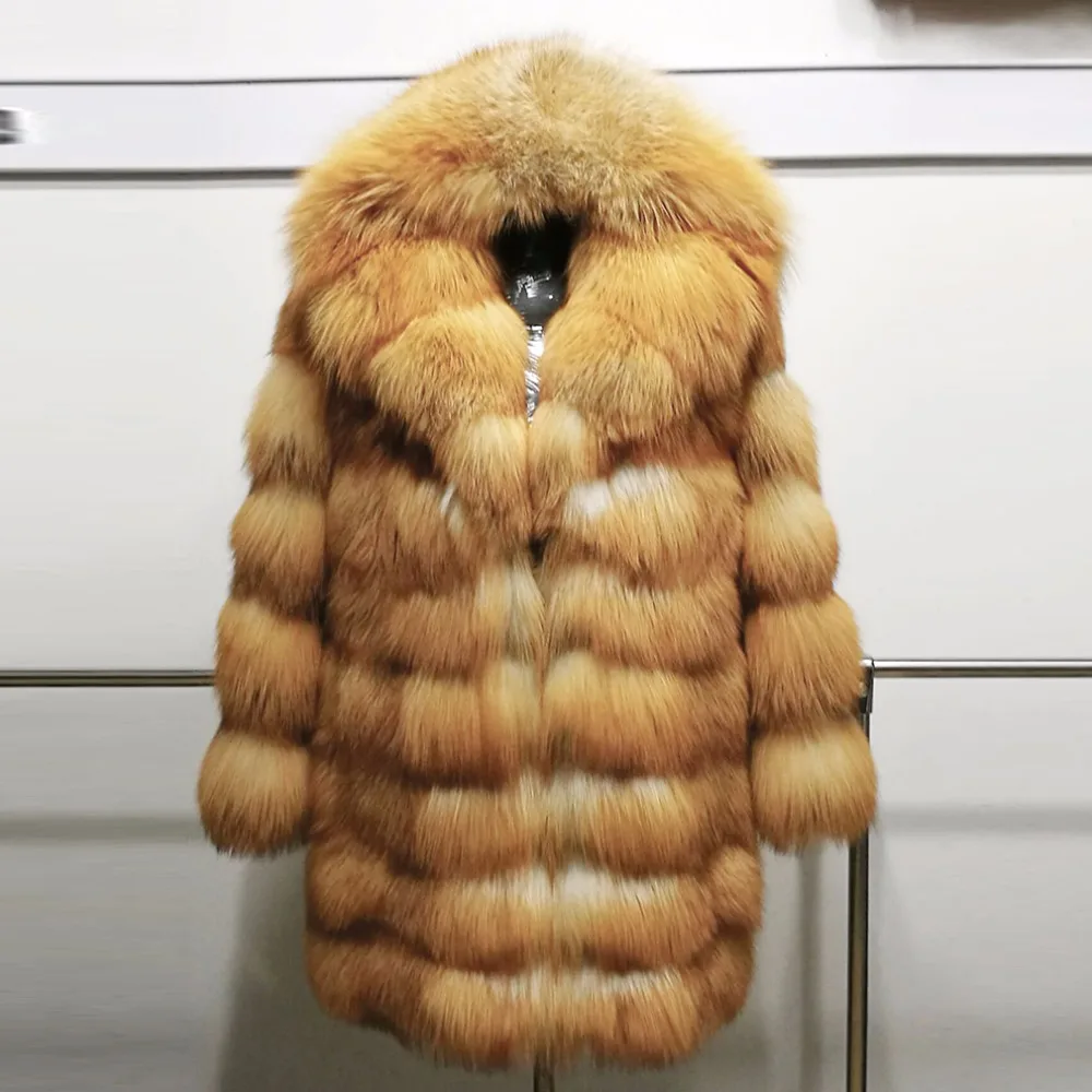 CY 92161 New Women's Long Full Pelt Real Fox Fur Coat With Big Fur Hood