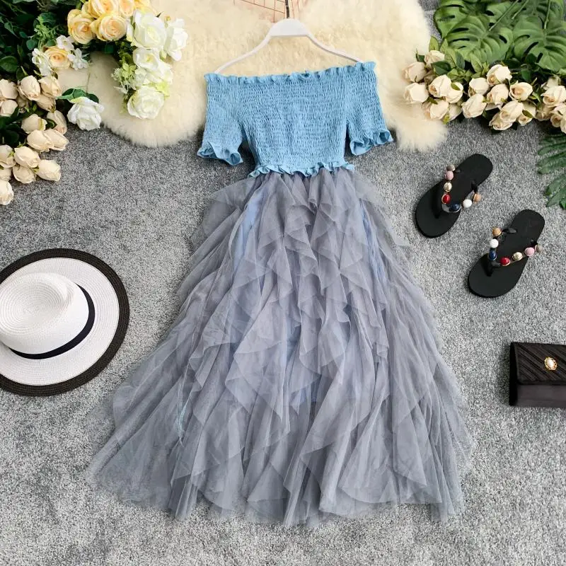 ALPHALMODA, Дамское милое бальное платье, платье с эластичным верхом, с открытыми плечами, неровное, гофрированное, Сетчатое, лоскутное, для женщин, Ретро стиль, принцесса, vestidos - Цвет: Небесно-голубой