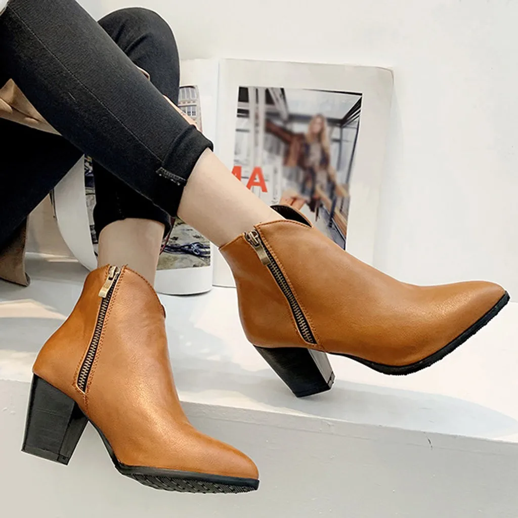 

Leather Pointed toe Ankle Zipper Martin Boot autumn Retro Women Comfortable Low-heeled Non-Slip Short yellow Boots botas mujer