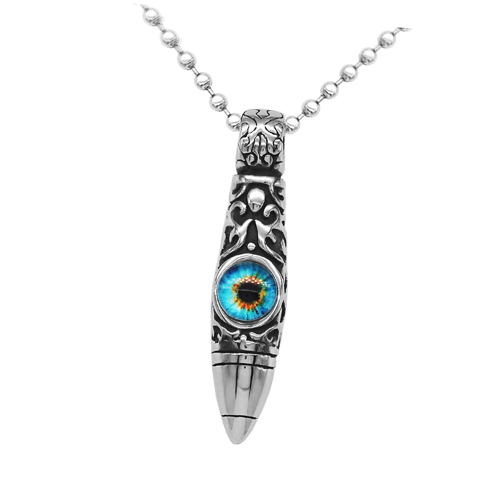 Vintage Stainless Steel Bullet Shape Evil Eye Pendant Ball Chain Necklace Fashion Punk Mens Jewelry