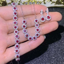 Классический круглый натуральный красный рубин браслет ожерелье серьги натуральный драгоценный камень ювелирный набор S925 серебро женские вечерние ювелирные изделия в подарок