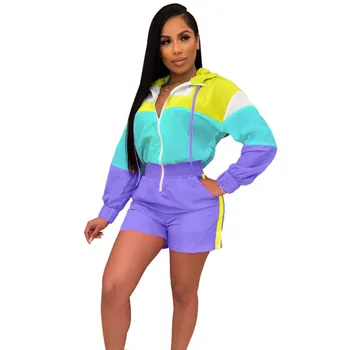 

Color Block Hooded Shorts Playsuit Womens Overalls Long Sleeve Front Zipper Female Casual One Piece Jumpsuit Fitness Rompers