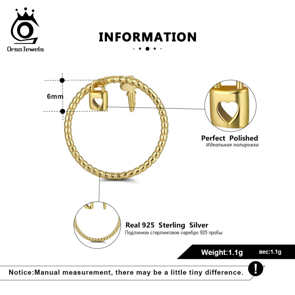 ORSA JEWELS Solid 925 Sterling Silver Rings For Women Key With Lock Shape 6MM Gold-color Luxury Shiny Female Party Jewelry SR104