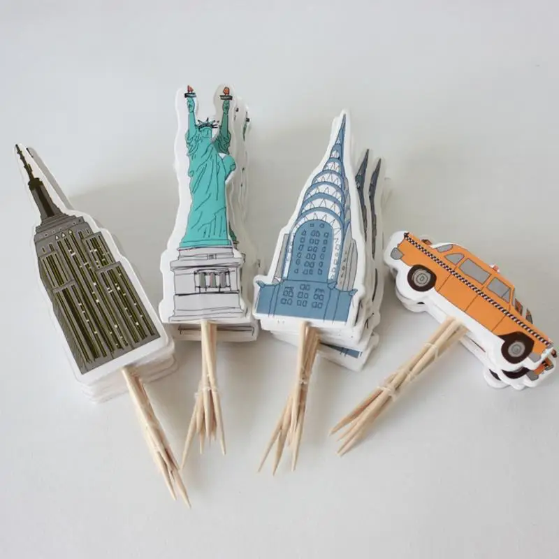

24 Pcs/set new Hot sale cute New York Empire State Yellow Taxi Statue Liberty Cupcake Topper Cake Decor Party Supplies