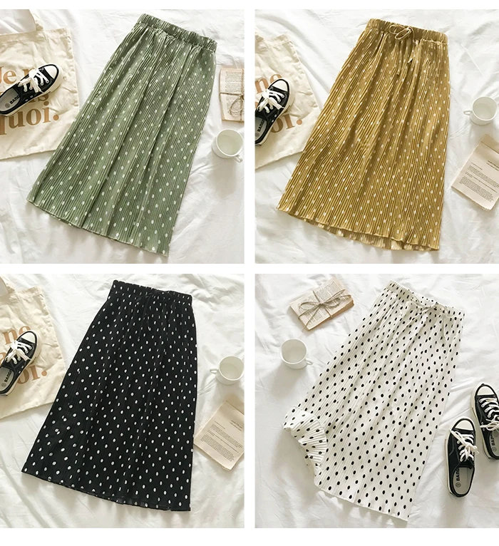 TIGENA, Длинная летняя юбка миди в горошек, Женская мода, корейский стиль, кавайный пояс, плиссированная школьная юбка, Женская юбка, желтый, зеленый, черный