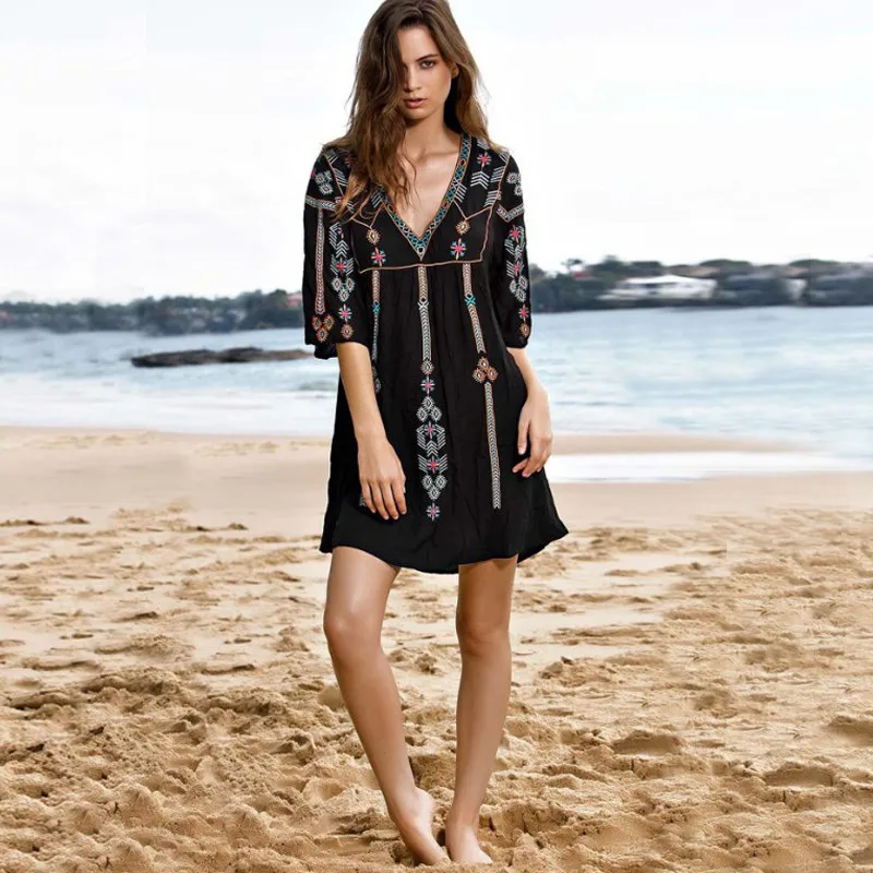 

Embroidery Cotton Beach Dress Tunic 2019 Beach Cover up Saida de Praia Swimsuit Women Bikini cover up Pareo Sarong Beachwear