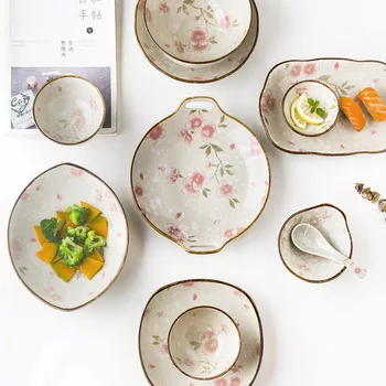 

Japanese-style Diffuse Cherry Blossom Series Hand-painted Ceramic Tableware Rice Bowl Soup Bowl Sushi Plate Ceramic Discs Gift