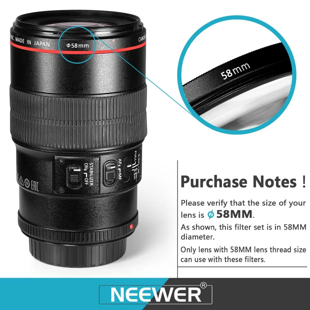 Neewer 58 мм полный набор фильтров для объектива Набор аксессуаров для 58 мм Размер фильтра линзы: UV CPL FLD набор фильтров+ Макросъемка комплект+ ND фильтр