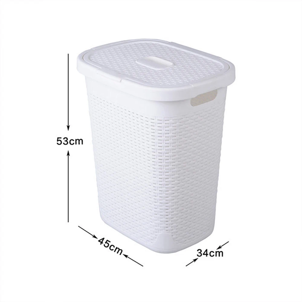  Weaving Pattern White PP Plastic Balcony Laundry Basket with Cover Bathroom Bedroom Dirty Clothes D - 33039097580