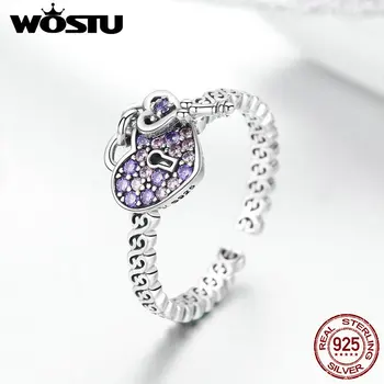 

WOSTU Luxury 925 Sterling Silver Love Heart Key Lock Rings For Women Purple Sweet Silver Ring Wedding Engagement Jewelry BKR486