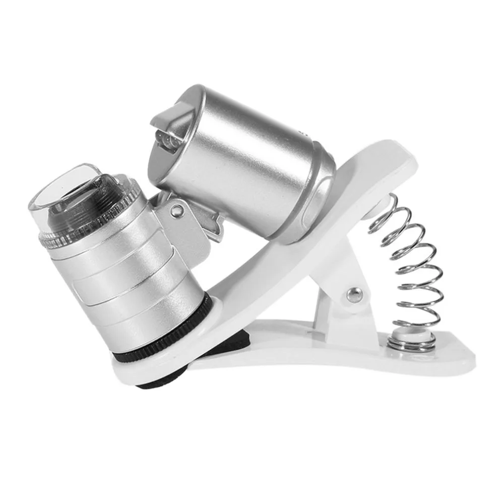 Универсальный 60X Телефон камера микроскоп мини портативный клип на увеличительное стекло с светодиодный/УФ-подсветкой для смартфонов