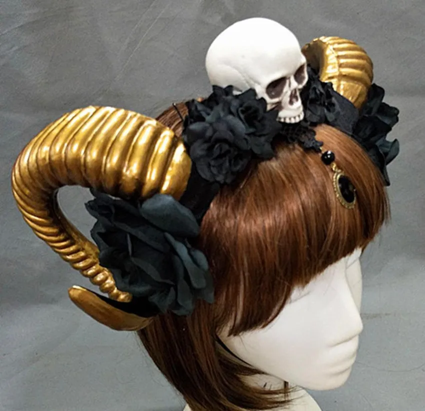 Демон злой Готический Лолита вуаль череп овца Рог повязка на голову аксессуары косплей костюмы Хэллоуин головные уборы реквизит