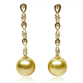

Gorgeous AAA 10.25MM South Sea Golden Pearl Long Drop Earrings 14K Yellow Gold
