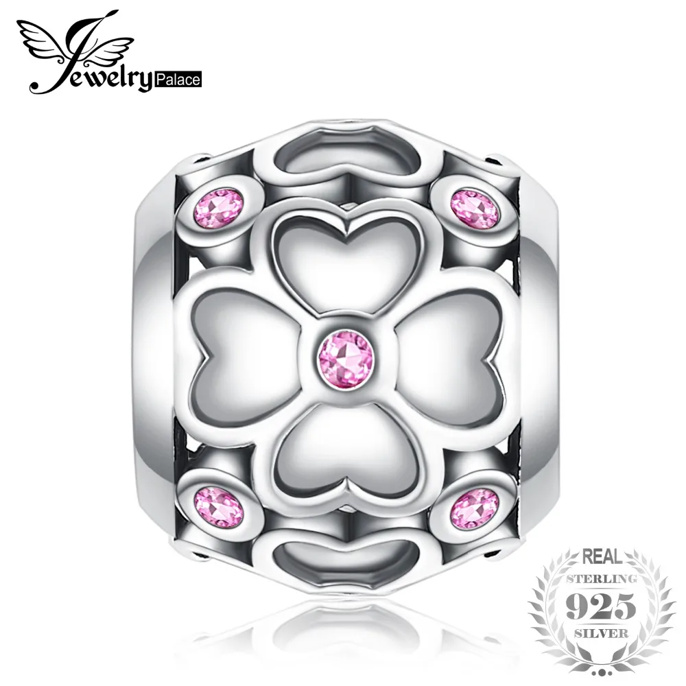 

JewelryPalace 925 Sterling Silver Clover Flower Created Pink Sapphire Beads Charm Fit Bracelets For Women 2019 New Hot As gifts