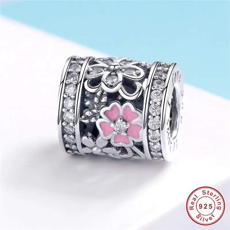 

fit Pandora Bracelet Original 925 Sterling Silver Pink Clover Charms White CZ Paved Daisy Beads for Women Necklace Chain Gift