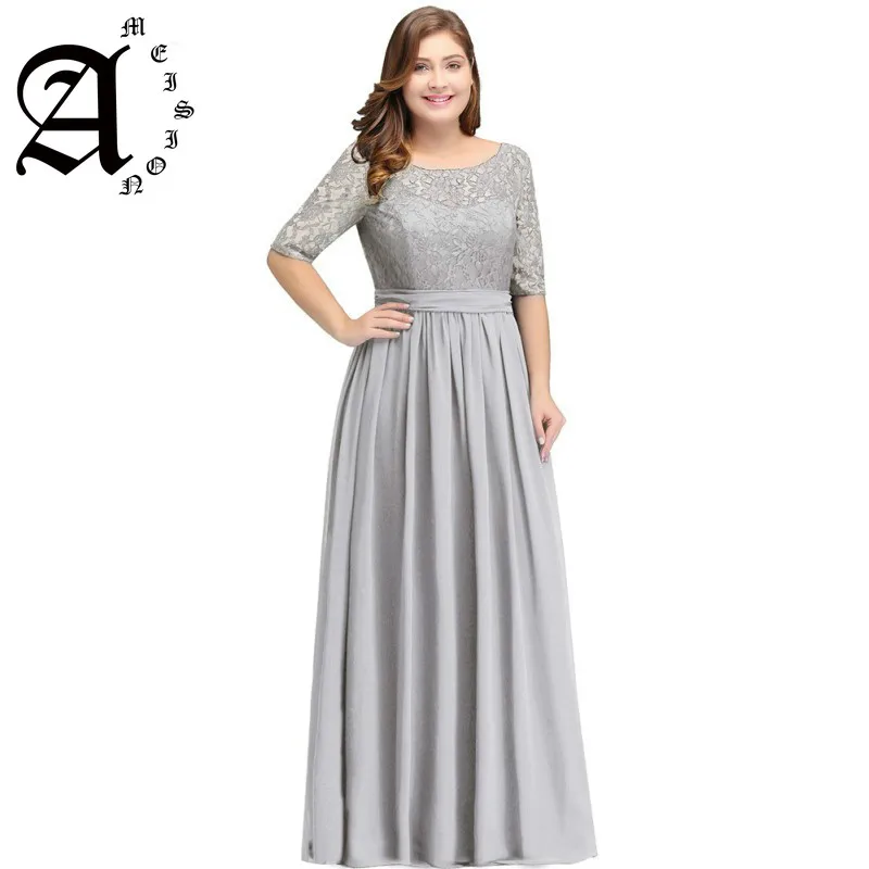 

2019 Long Lace Applique Half Sleeve Scoop Evening Gown Elegant Chiffon Plus Size Evening Dress robe de soiree