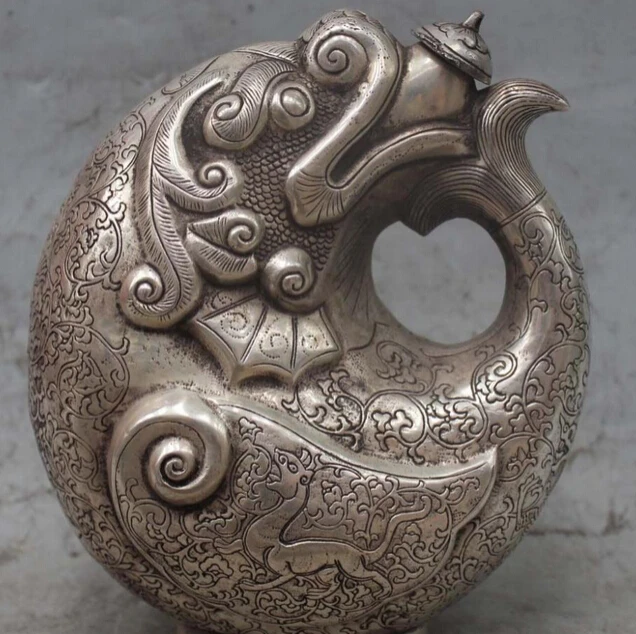 

7"Lucky Chinese Dynasty Emperor Silver Dragon Tiger beast Teapot Wine Pot Statue R0707 B0403