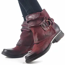 Wine Red Genuine Leather Women Ankle Boots Punk Style Motorcycle Boots Buckle Decor Short Botas Militares Knight Booties