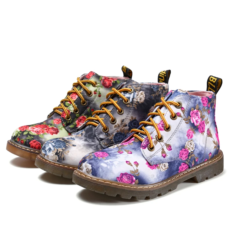 

COZULMA Women Fashion Floral Lace-up Boots Female Autumn Work Shoes Women Flower Print Non-slip Ankle Boots Size 35-40
